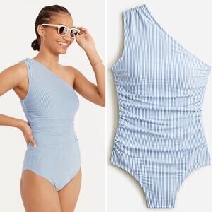 J.CREW Ruched One Shoulder One Piece in Seersucker Light Blue Ruched Sides NEW